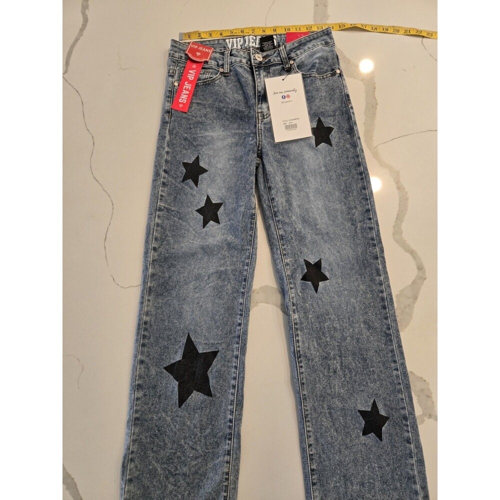 VIP Jeans Womens Size 9/10 Acid Wash Black Star Patch Straight Leg Denim Y2K NWT